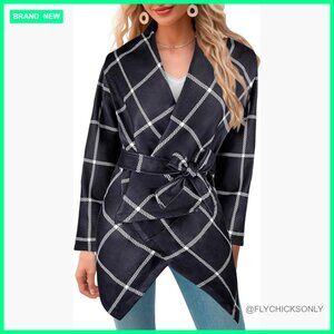 Wool Blend Trench Coat with Turn Down Shawl Collar and Plaid Pattern